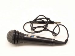 Used dynamic handheld microphone with coiled cable, perfect for live performances and recordings.