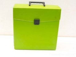 Vibrant green case with a sturdy handle and secure clasp for stylish storage solutions.