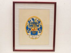 Elegant maroon-framed coat of arms artwork in blue and gold, showcasing heraldic artistry.