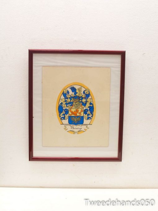 Elegant maroon-framed coat of arms artwork in blue and gold, showcasing heraldic artistry.