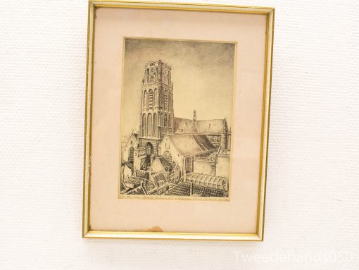 Detailed engraving of a historic church tower amidst charming urban rooftops.