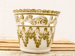 Elegant ceramic pot with olive green design, scalloped edge, perfect for decor or plants.