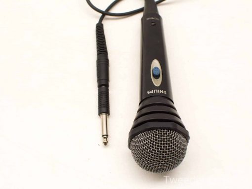 Sleek black Philips microphone with blue mute button for karaoke, public speaking, and recording.