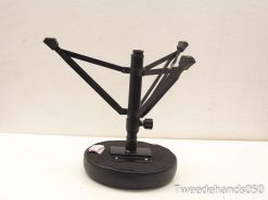 Professional black desktop microphone stand with adjustable height and sturdy arms for optimal positioning.