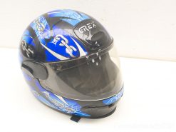 Stylish GREX black motorcycle helmet with striking blue design and full-face protection.