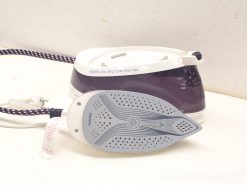 Modern Philips purple and white steam iron with efficient steam holes and user-friendly design.