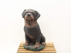 Detailed cast iron Rottweiler sculpture, elegantly seated, perfect for dog lovers and home decor.