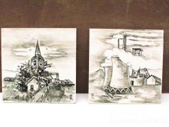 Contrasting ceramic tiles of serene village and dynamic industrial scenes celebrating tradition and progress.