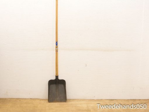 Wooden-handled shovel with metal blade, perfect for gardening and construction tasks.