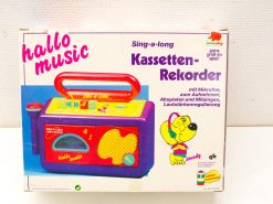 Colorful Sing-a-long cassette recorder for kids with microphone, buttons, and fun cartoon dog.