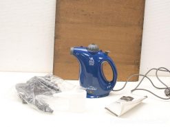 Montiss blue steam cleaner with accessories for easy, effective home cleaning and safety.