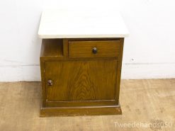 Elegant vintage bedside table with marble top and warm wooden finish, perfect for any decor.