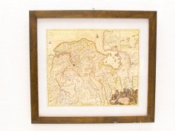 Vintage Groningen map with historical illustrations, framed in rustic wood, perfect for decor and education.