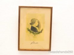 Vintage profile portrait of a young person with botanical embellishments and a warm wooden frame.