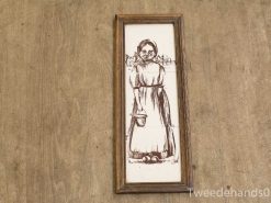 Vintage drawing of a girl in a white dress holding a bucket, exuding strength and nostalgia.