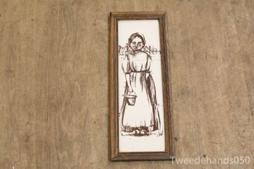 Vintage drawing of a girl in a white dress holding a bucket, exuding strength and nostalgia.