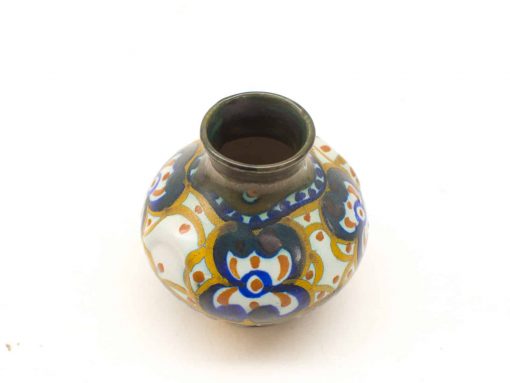 Colorful ceramic vase with floral patterns, featuring blue, white, orange, and gold accents.