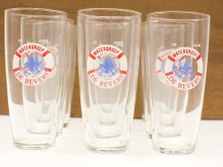 Commemorative drinking glasses for Watergroep De Bevers 35th anniversary, featuring vibrant designs.