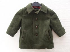 Charming green vintage childrens coat with buttons, rounded collar, and plaid lining for winter warmth.