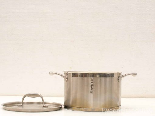 Sleek stainless steel cooking pot with lid by HERMAN, perfect for soups and stews.