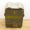 Vintage wooden crate with green paint, yellow BUSKRUIT lettering, perfect for storage and decor.