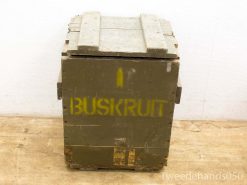 Vintage wooden crate with green paint, yellow BUSKRUIT lettering, perfect for storage and decor.