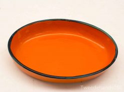 Vibrant orange oval serving dish with black rim, perfect for any table setting.