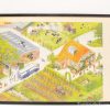 Charming vintage farm scene with farmhouse, animals, and vibrant rural life.