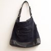 Chic navy suede shoulder bag with leather base, stylish and functional for any occasion.