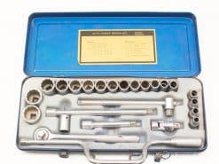 24-piece socket wrench set in a portable blue metal case for professionals and DIY enthusiasts.