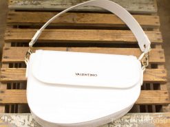 Elegant white Valentino handbag with glossy finish and gold accents for versatile styling.