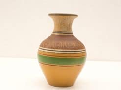 Elegant vintage vase in earthy tones with intricate gold and green designs.