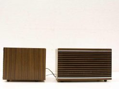 Vintage audio speakers with elegant wood finish, perfect for retro audio enthusiasts.