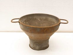 Vintage metal funnel with handles, featuring a charming patina and perfect for precise pouring.