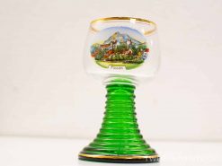 Elegant green glass with Füssen landscape painting and gold rim, perfect for collectors.