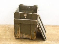 Rustic vintage green wooden crate with a military aesthetic and functional storage design.