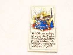 Charming vintage kitchen tile celebrating coffee, friendship, and warmth with a blue stove illustration.