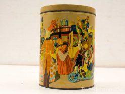 Vibrant vintage tin container featuring a lively historical market scene with colorful figures.