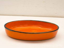 Vibrant orange oval dish with glossy finish and sleek black rim, perfect for serving or decor.