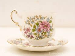 Elegant vintage porcelain teacup and saucer set with vibrant floral patterns and gold accents.