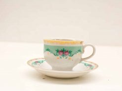 Elegant mint green tea cup and saucer set with pink roses and gold accents.