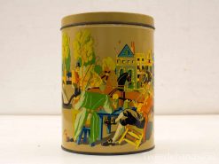 Vintage tin container featuring a vibrant street scene with colorful illustrations and charming characters.