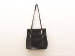 Sleek black synthetic leather handbag with zipper, perfect for work or casual outings.