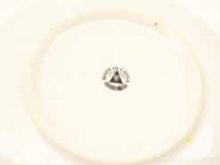 Glossy white ceramic dish with Made in China logo and subtle wear marks.