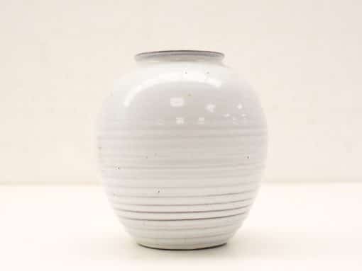 Elegant white ceramic vase with subtle striations, perfect for minimalist decor and flower arrangements.