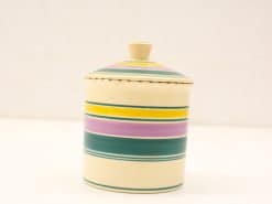 Colorful hand-painted ceramic container with lid, perfect for storage and home decor.