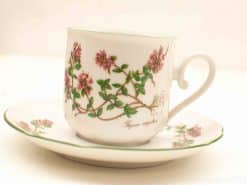 Elegant porcelain tea cup and saucer with vibrant floral design, perfect for sophisticated tea moments.