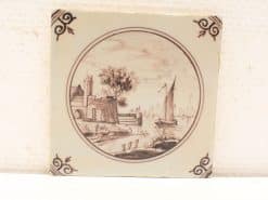 Serene rustic tile featuring a tranquil landscape with boats, trees, and charming architecture.