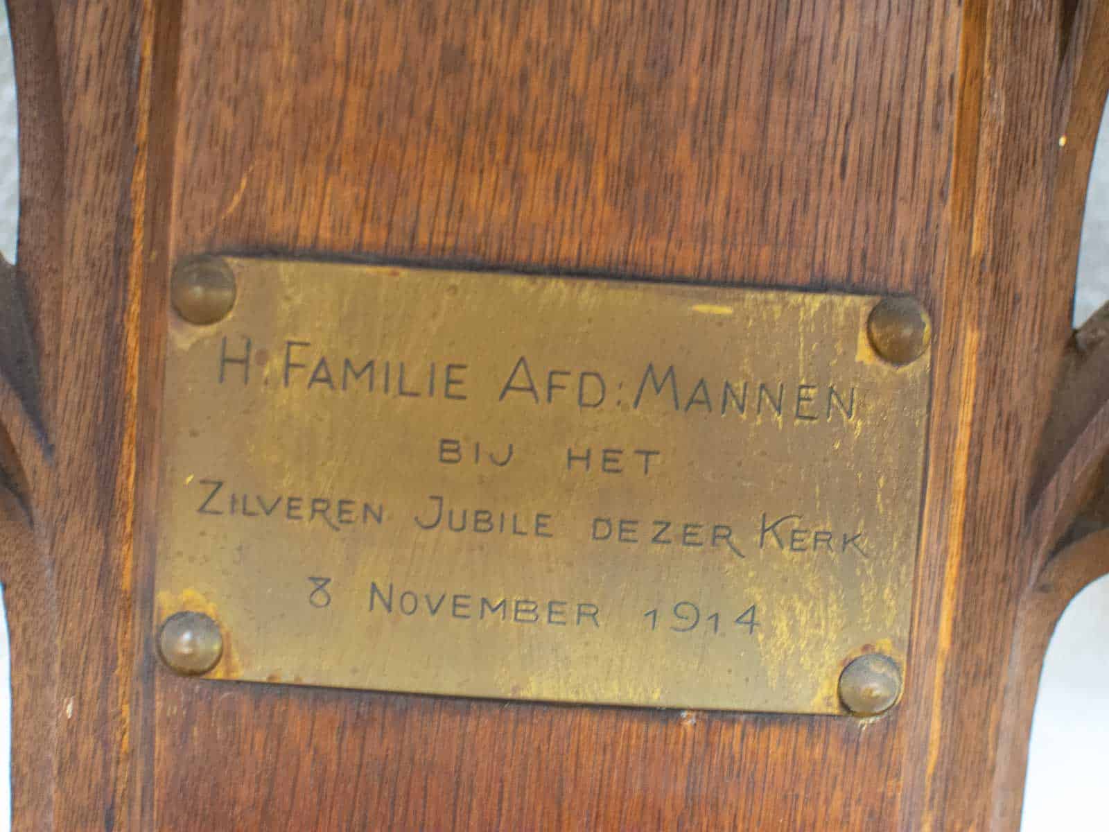 Brass plaque commemorating the churchs Silver Jubilee, honoring H. Familie Afd. Mannen, 1914.