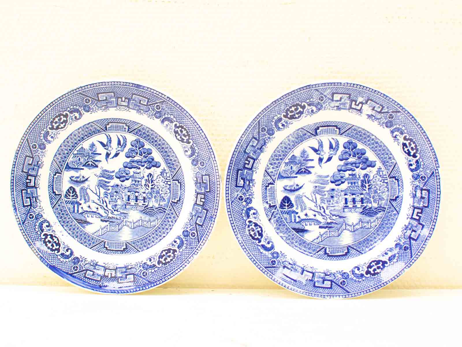 Elegant blue and white porcelain plates with intricate designs and serene landscapes for display.